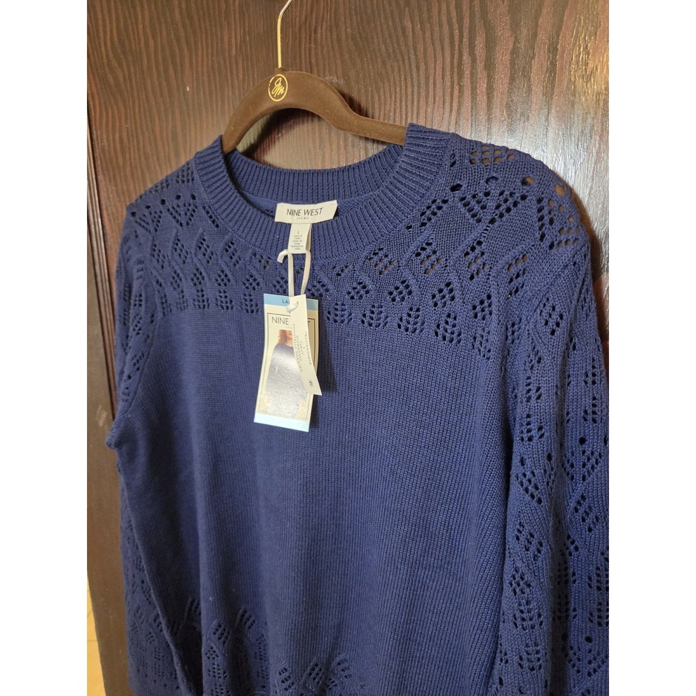 Nine West Sweater Womens Large Blue Knit Scalloped Pattern Navy Crochet New - Picture 3 of 12